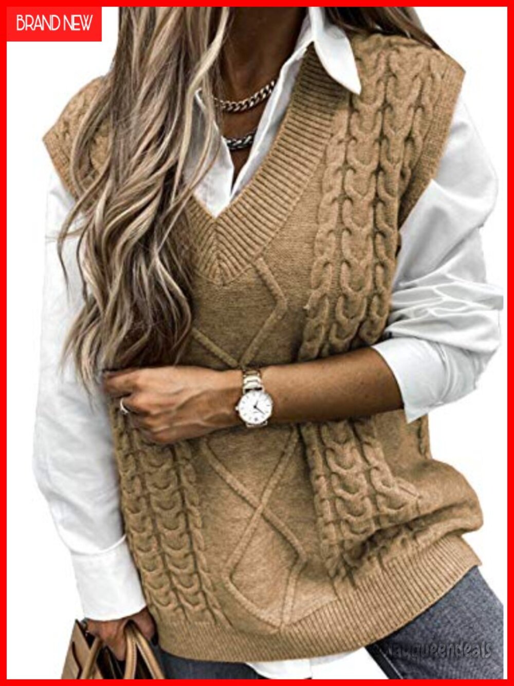 Oversized Cable Knit Sweater Vest V Neck Sleeveless Loose Fit Tunic Top